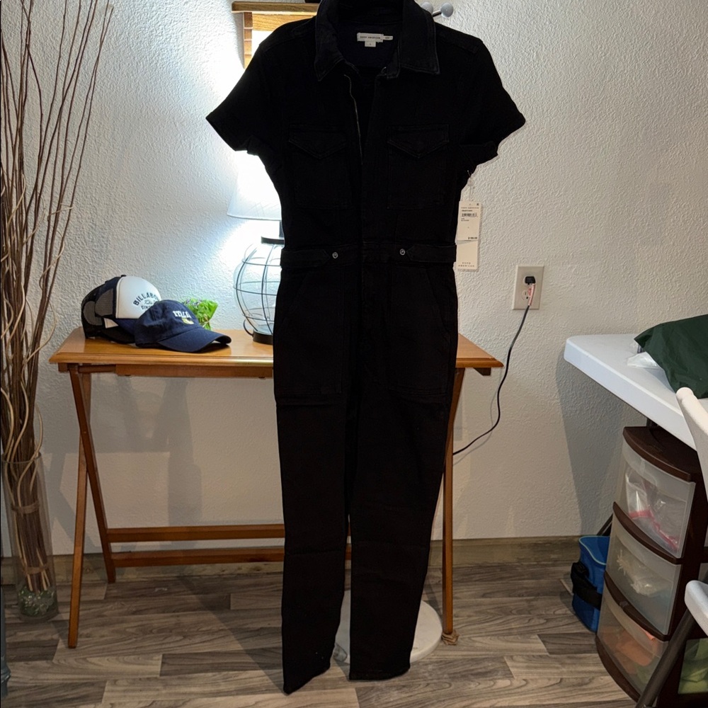 Good American Black Denim Jumpsuit Zip Front Utility Short Sleeve Size L NWT